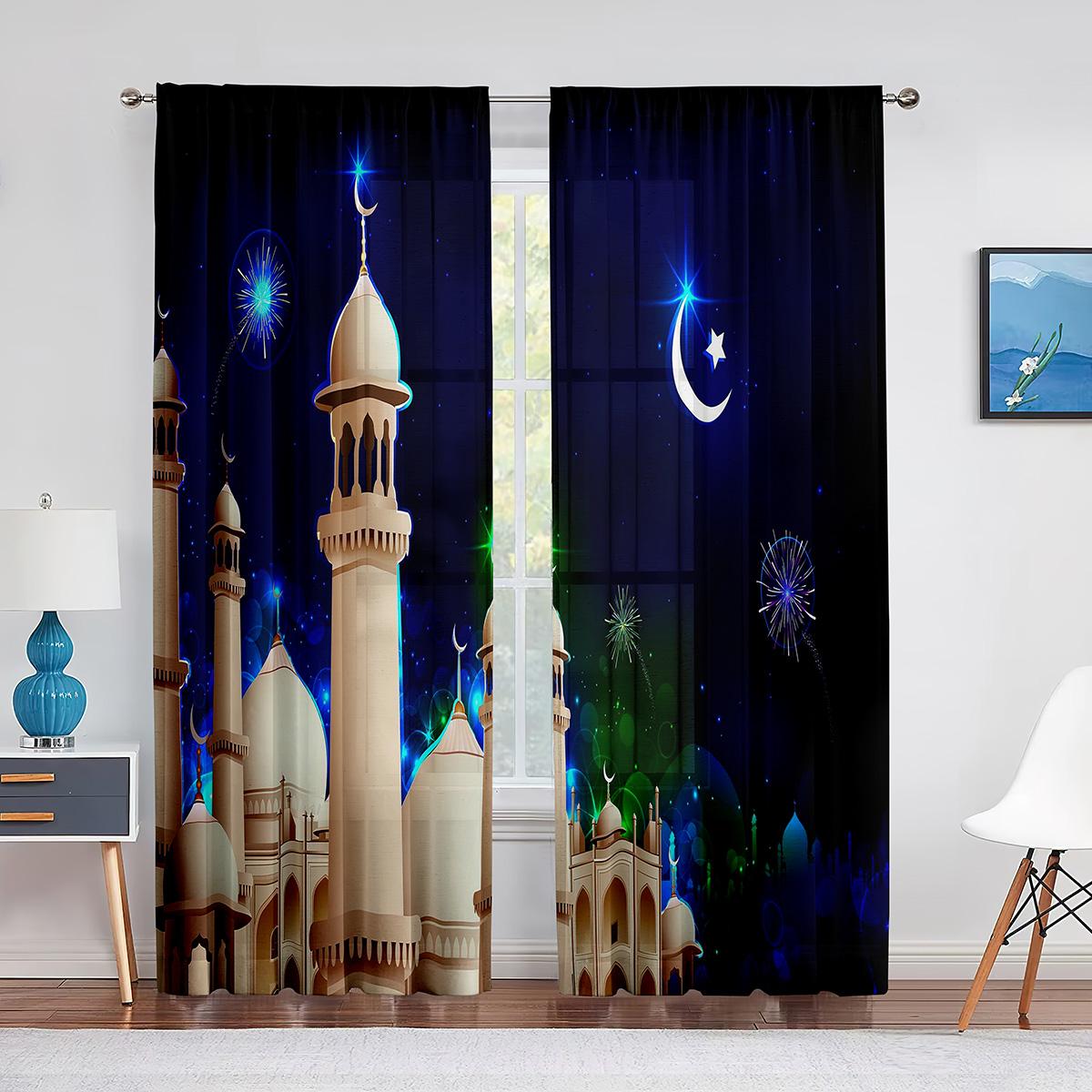 

Рамадан Мубарак Прозрачная вуаль Шторы Мусульманский Ид Мубарак Окно Тюль Шторы для кухни Гостиная Спальня Современное украшение 1 PCS W100XH250cm&Grommet Top