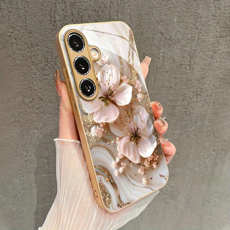 Gilded Flower Patterned Glass Phone Case Suitable for Samsung Galaxy S26 S25 S24 S22 S21 S20 FE/Ultra/Plus Anti Drop Back Cover