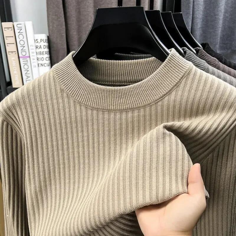 2025 Autumn Men Casual Bottoming Knit Tops Mens Solid Color Textured Long Sleeve Vintage Sweater Mens Fashion Pullover