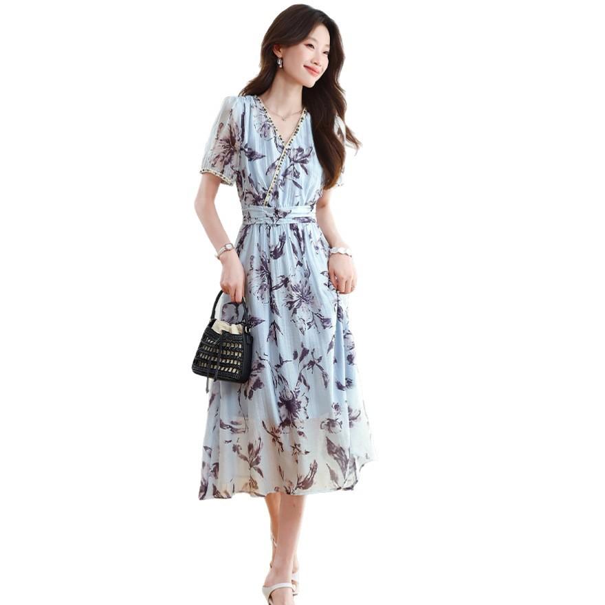 Floral fashion waist A-shaped skirt women's summer wear new age-reducing design dress trend