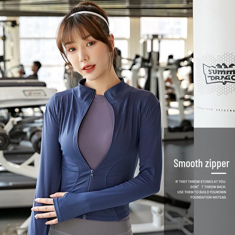 Pfirsichfarbene Fitnessjacke: Schnelltrocknendes Langarm-Sportoberteil mit Reißverschluss und Stehkragen für Yoga im Frühling und Herbst