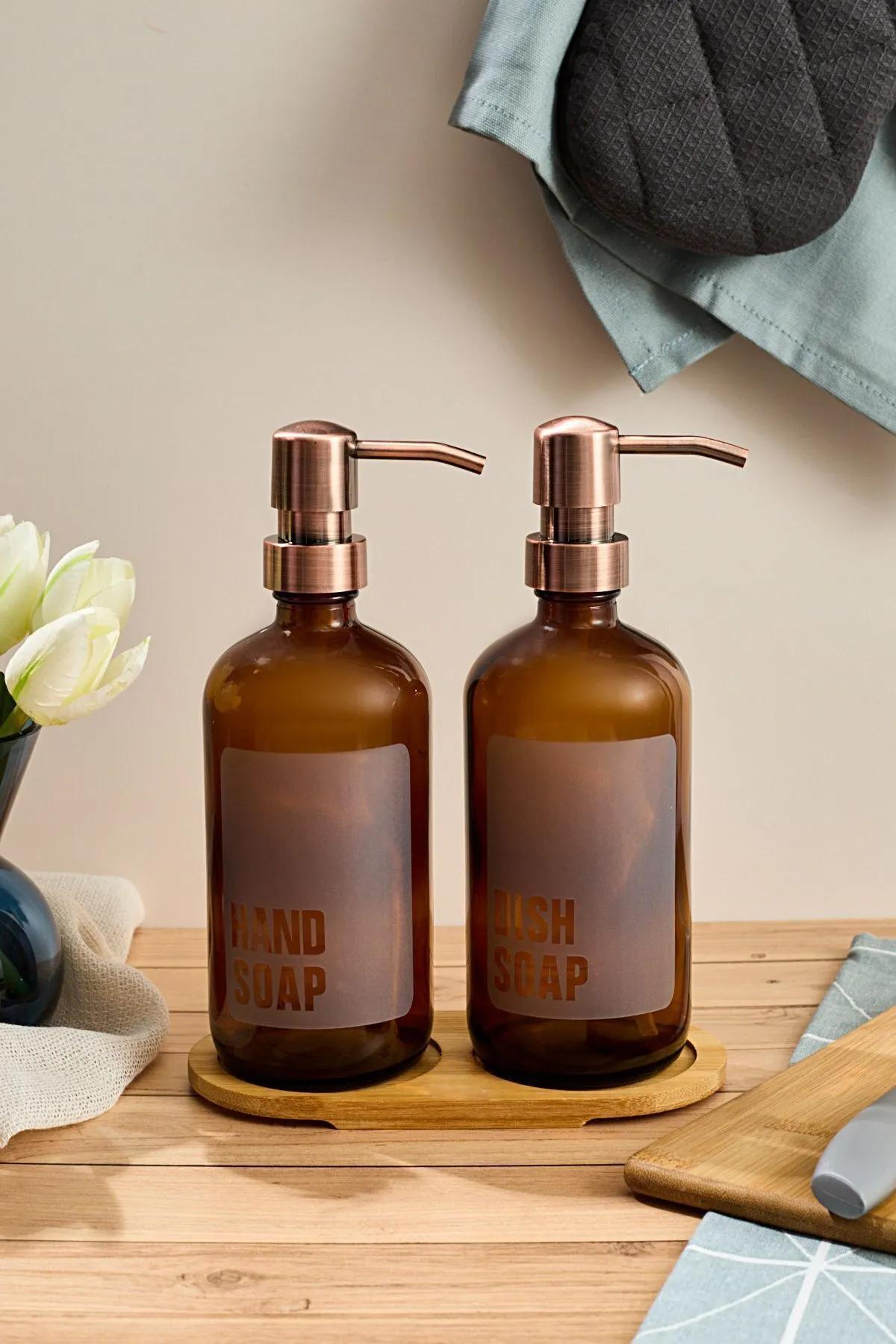 

2’li Amber Mutfak Sıvı Sabunluk Seti 500ml 500ml Bambu Tepsili Camel Renk