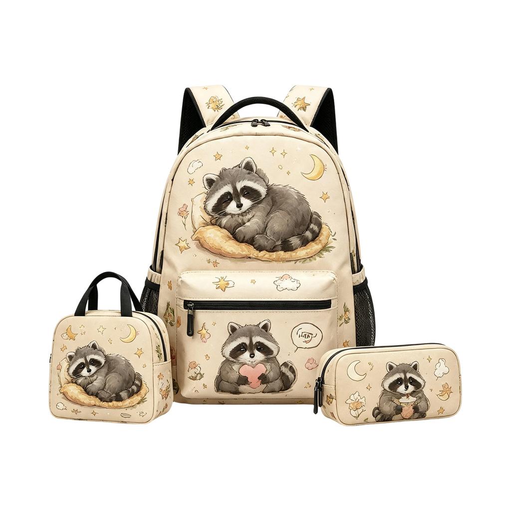 Set Zaino Raccoon per Bambini con Borsa Pranzo e Astuccio per la Scuola
