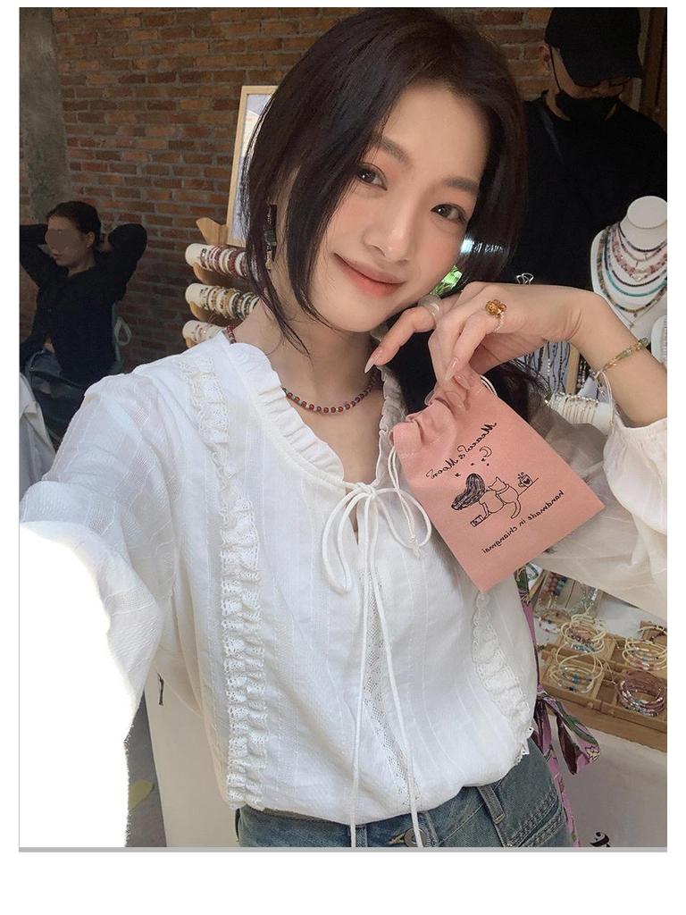 Petite Chic French Lace-up Collar Shirt for Women – White Blouse for Spring/Autumn