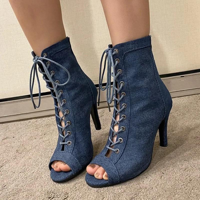 Fashion New Classic Blue Denim Fabric Cross-Strap Peep Toe Women Ankle Boots Spring Summer Sexy Elegant High Heels Party Dress Pumps
