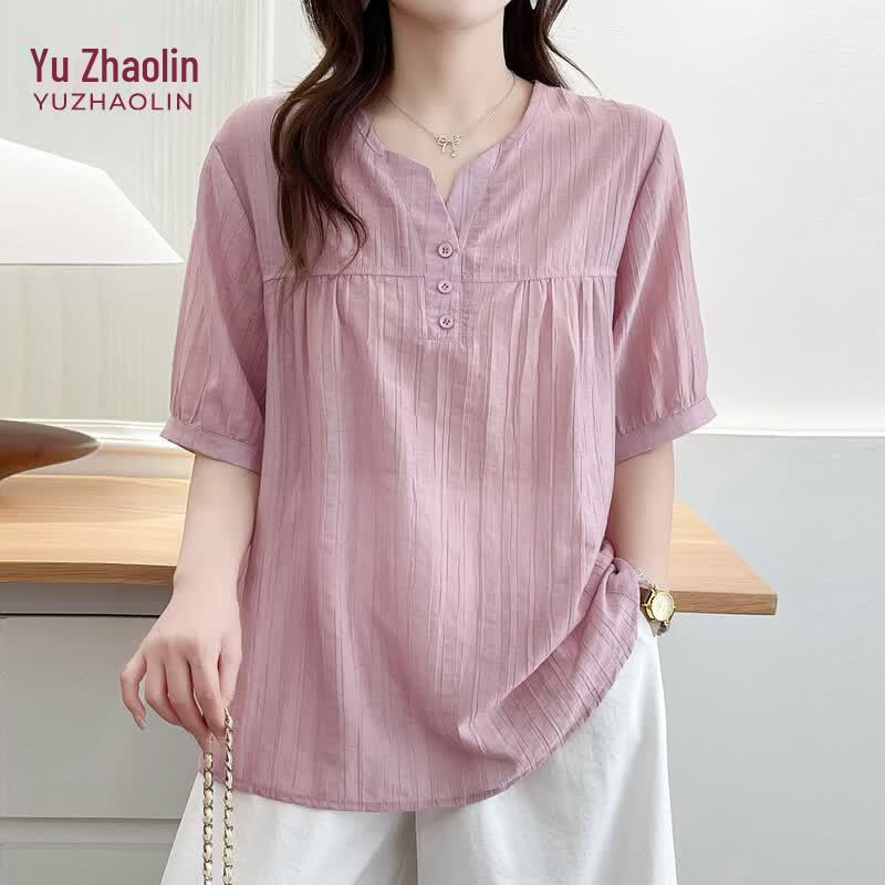 YUZHAOLIN Women s V-Neck Short-Sleeve Crinkled Shirt XL