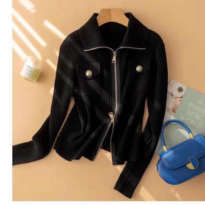

Осенне-зимний новый вязаный кардиган женский модный приталенный короткий на двойной молнии с лацканами женский свитер-жакет average size чёрный
