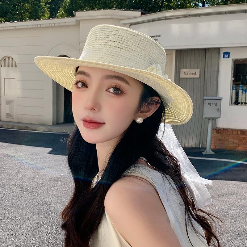 Women's Spring and Summer French Style Bowknot Floral Straw Hat Beach Sun Protection Hat UV Protection Sun Hat Fashionable Headwear