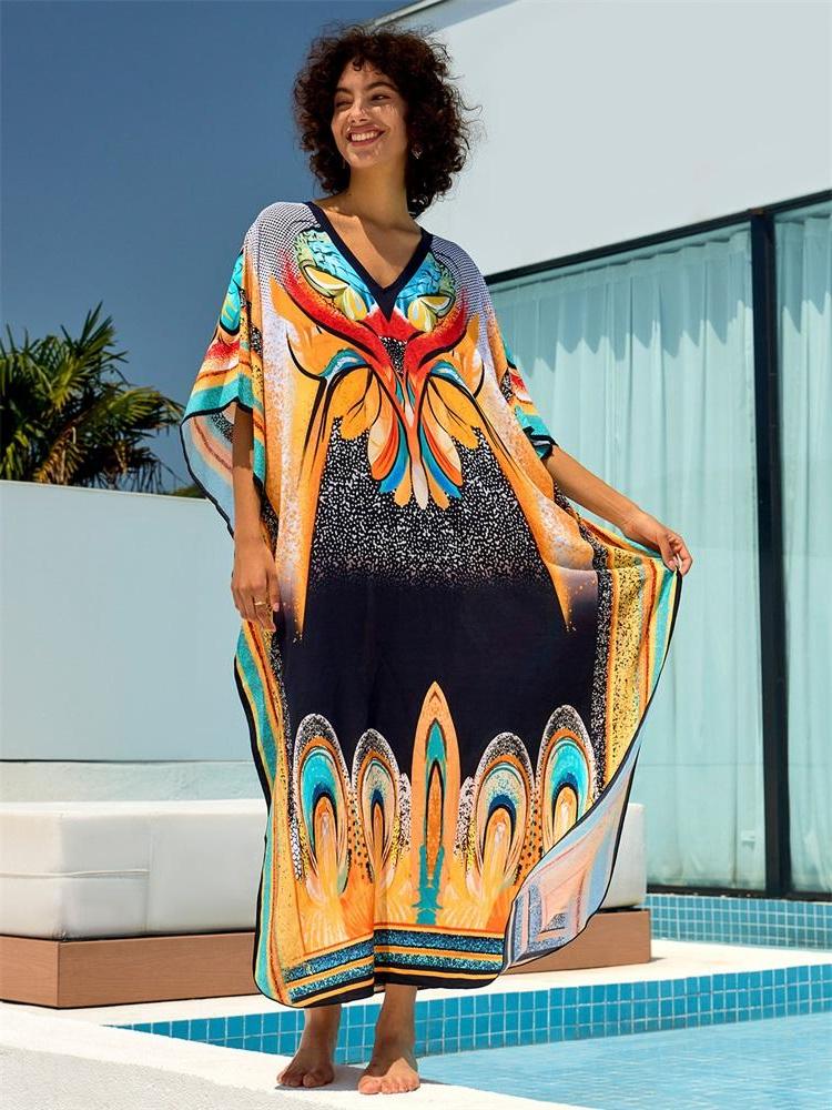 

EDOLYNSA 2024, богемный шикарный принт, большие размеры, с v-образным вырезом, рукавами «летучая мышь», кафтан, женское летнее пляжное платье, пляжное платье, купальный костюм, свободный халат One Size разноцветный