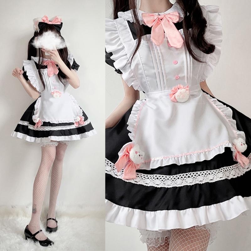 Sweet Maid Outfit Women Anime Maid Costume Fancy Dress Cosplays Costume Maid Dress with Sock Headwear Apron Bustel