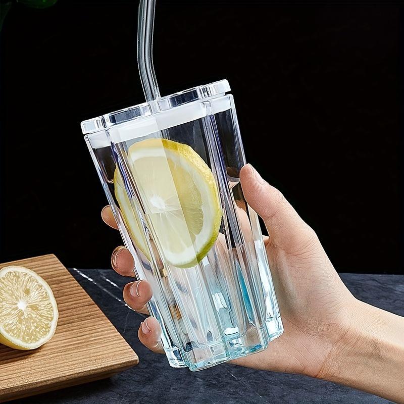 2pcs 300ml/10.1oz Glass Water Cup Pentagram Cocktail Cup Household Outdoor Cup With Straw