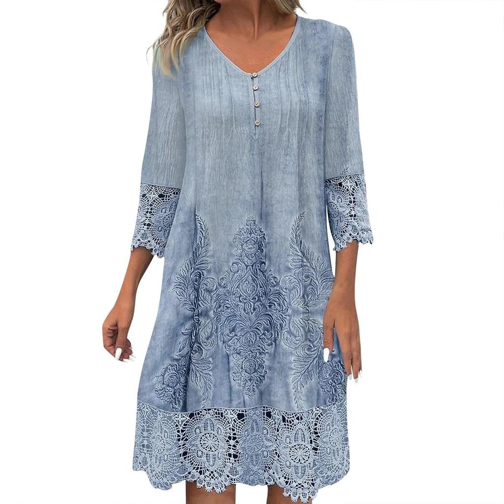 Neues einfarbiges Kleid Frühling Sommer Damenmode V-Ausschnitt Knopf Locker Büro Freizeitkleider Weiblich Urlaub Robe Femme