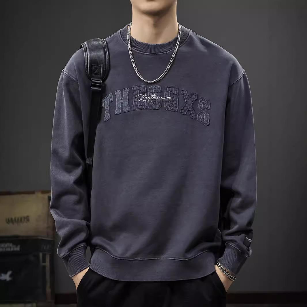 

Autumn Design Sense Embroidered Sweater Men S Heavy Pure Cotton Loose Bottoming Shirt American Retro Washed Casual Top Tide 4XL