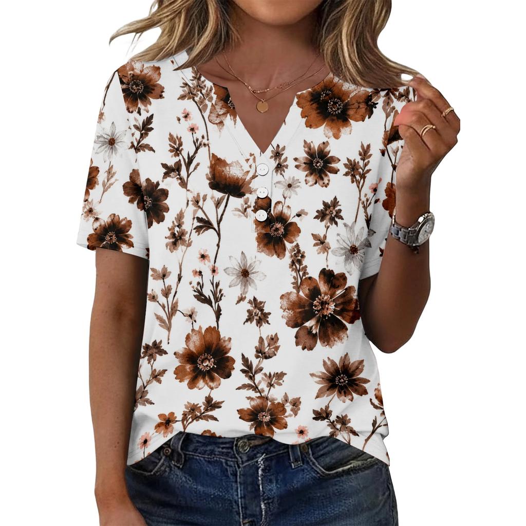 Women's Casual Floral Print V-Neck Short Sleeve Button T-Shirt