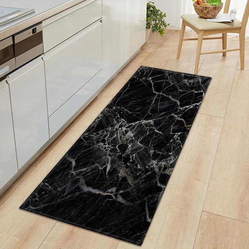 1 PC Anti-Slip Kitchen Carpet Black White Marble Printed Entrance Doormat Floor Mats Carpets for Living Room Bathroom Mat Rugs