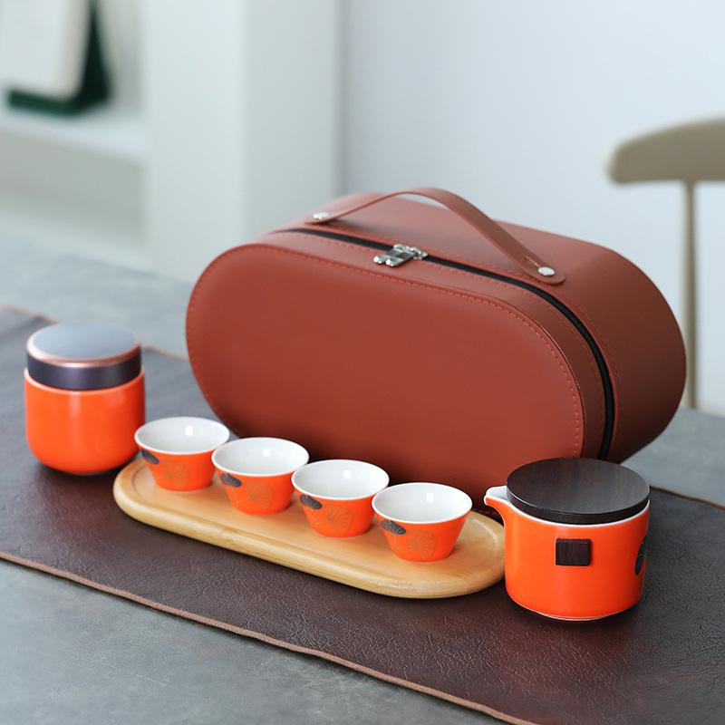 High-end Outdoor Portable Travel Tea Set, Household One Pot, Four Cups with Bamboo Tea Tray, a Complete Set of Commemorative Gifts