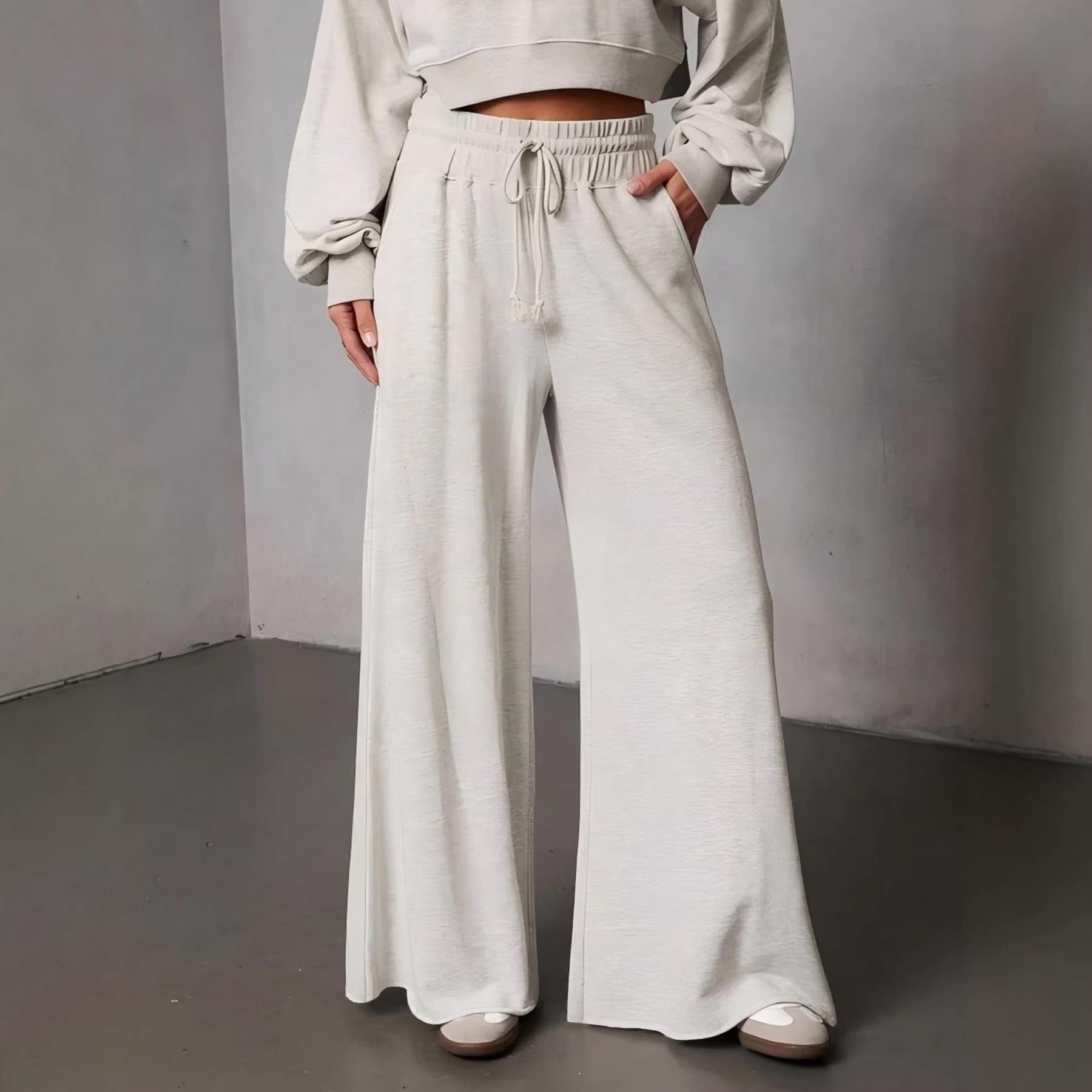 

2026 Women s Solid Color High-Waist Wide-Leg Pants with Drawstring and Pockets S светло-серый