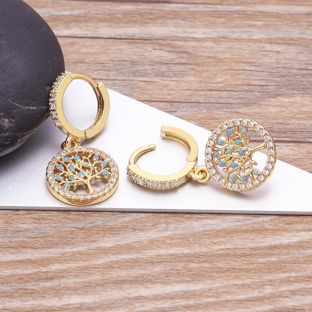 Nidin Fashion Classic Tree of Life Drop Earrings For Women Girl Female Copper CZ Lucky Party Birthday Jewelry Hoop Earrings Gift