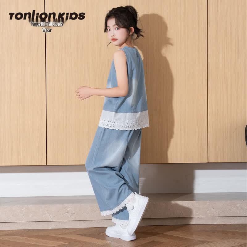Tangshi Girls  Trendy Washed Denim Two-Piece Set 160