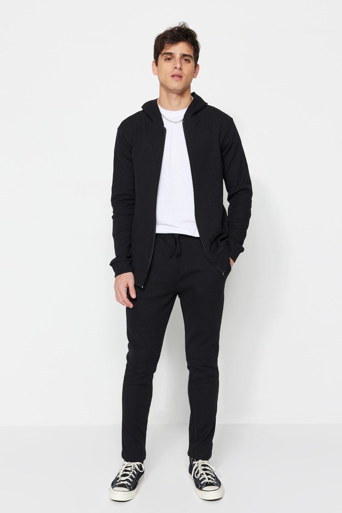 

Мужской черный спортивный костюм стандартной посадки с капюшоном и молнией, вафельный комплект..