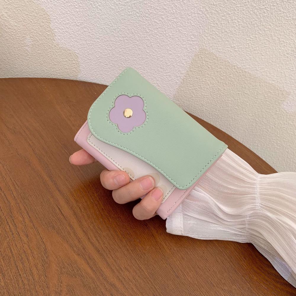 Flower Short Folding Card Bag PU Trifold Wallet Cute Color-matching Purse Travel
