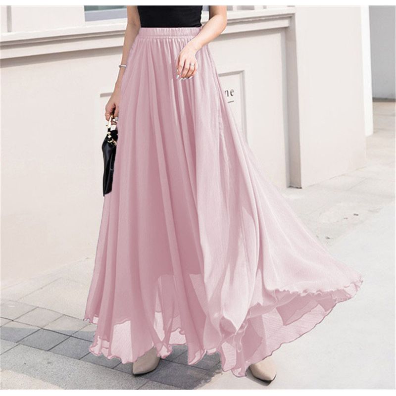 

Big Hem Chiffon Skirt Women s Dress Fashion Spring & Fall New Arrival Pure Color Chiffon Skirt High Waist Long Skirt Light pink S