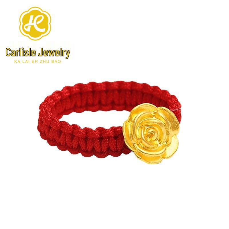 Shuibei 999 Pure Gold Rose Ring with Red and Black Rope Design, 3D Hard Gold, Popular Choice