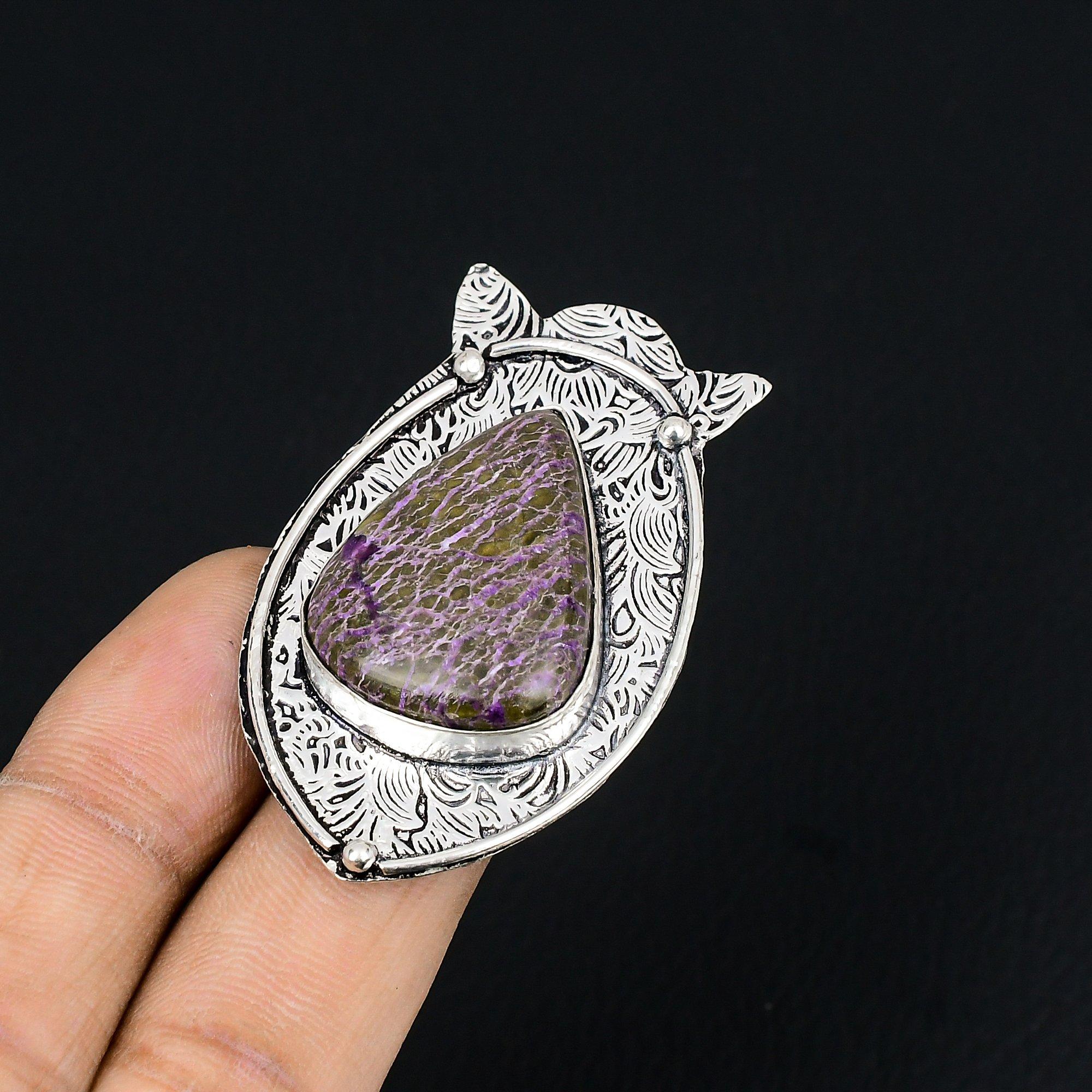 925 Sterling Silver Purpurite Gemstone Statement Anniversary Boho Ring Size 7.5 7.5