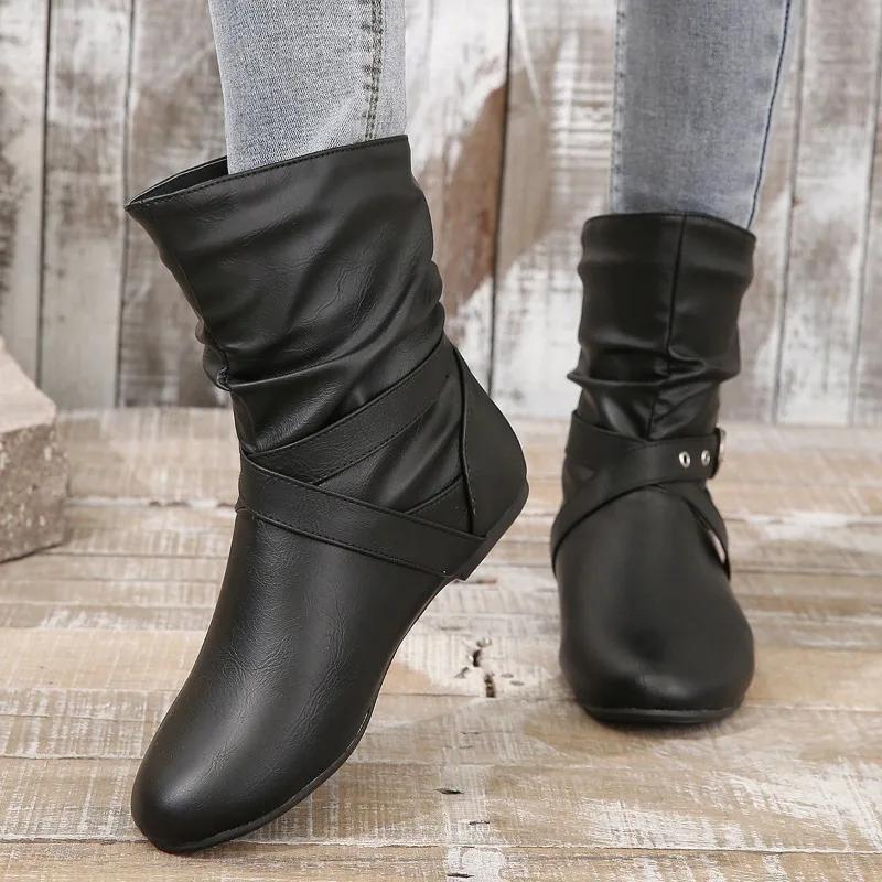 

2024 Ladies Shoes Slip on Mid-Calf Women s Boots Leisure Daily Boots Women Belt Buckle Round Toe Pleated Flat with Shoes Women