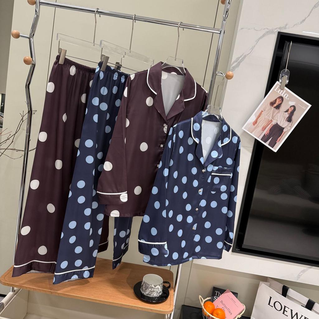 Pajamas women's spring and autumn ice silk long-sleeved trousers simple polka dot set high-grade satin sweet polka dot loungewear thin
