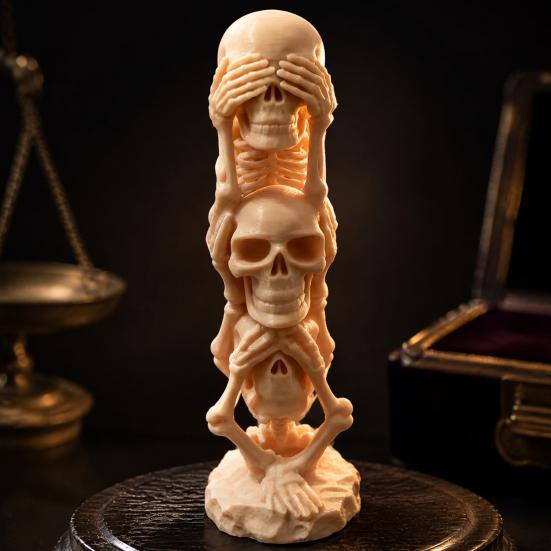 Creative Resin Crafts 3D Printed Triple Skull Statue, Halloween Horror Hear No Evil See Office Desk Accessories Speak Figurine, Decor for