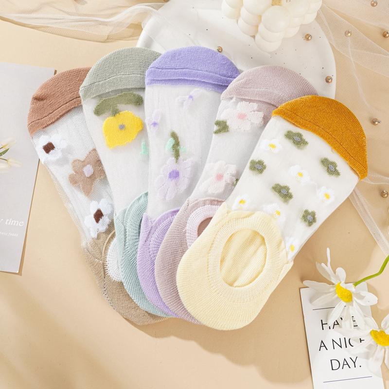 Summer Thin Crystal Stockings Japanese Style Student Sweet Short Socks Boat Socks Non-slip Invisible No-fall Heel Socks for Women