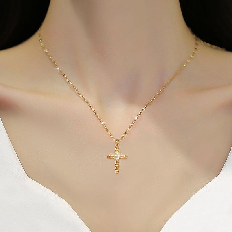 Titanstahl Leichter Luxus Kreuz Handfläche Voll Mit Zirkonia Inlay Mit Echtsilber Kette Damen Schlüsselbein Kette Mit Schmuck