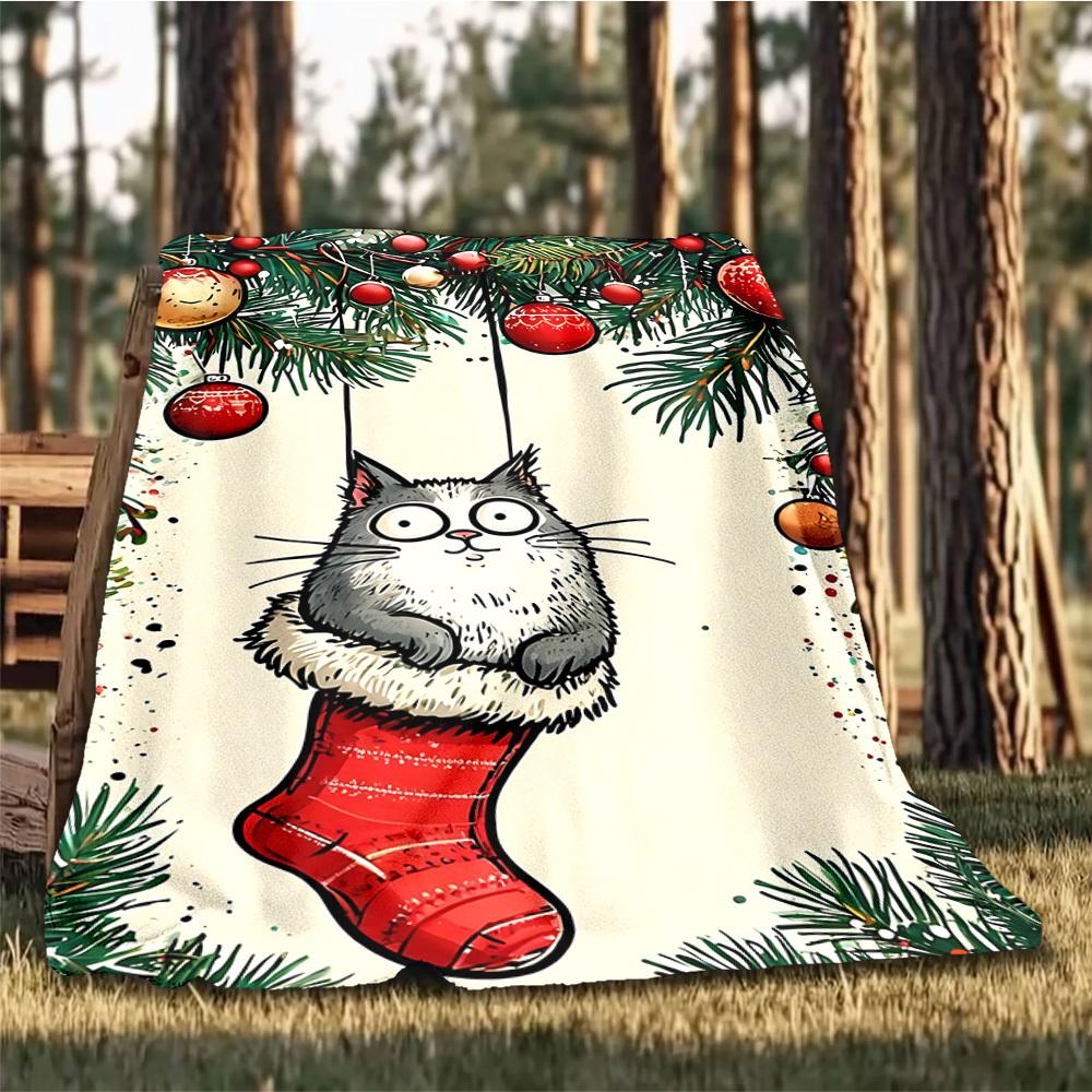 1pc Christmas Stocking Cat Outdoor Soft Polyester Flannel Throw Blanket Versatile for All Seasons , Soft , Cozy , Warm All Season Quilted Throw ,