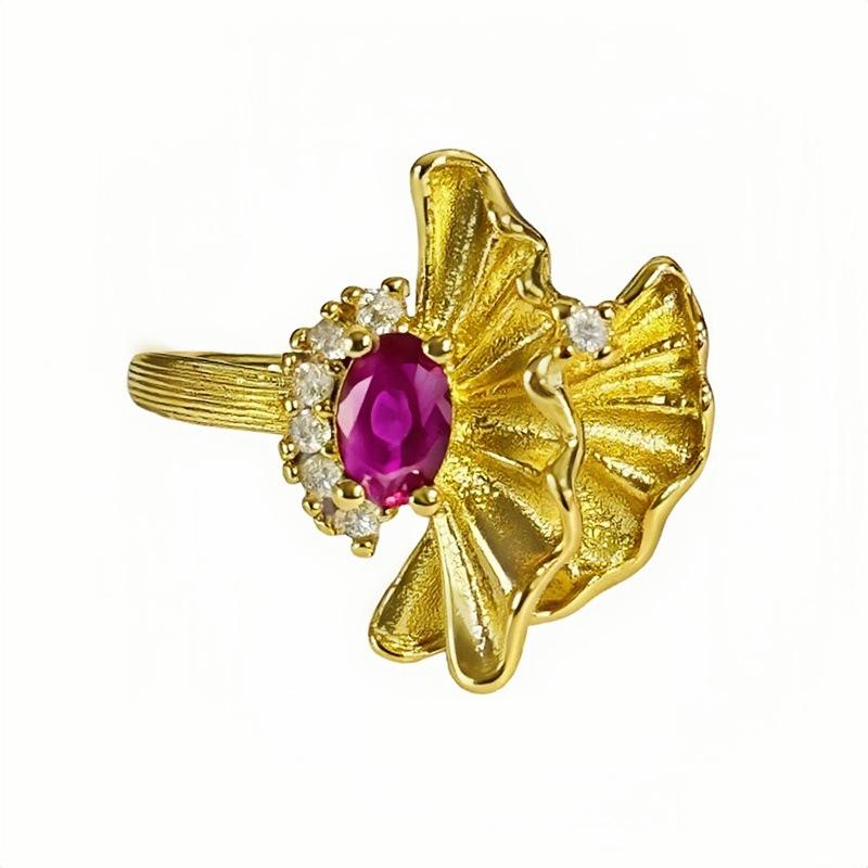 French Medieval Retro Brushed Four-Leaf Clover Open Ring Niche High-End Diamond-Encrusted Zircon Flower Index Finger Ring Female