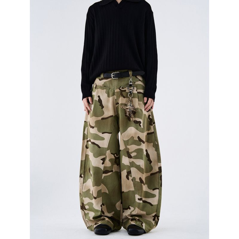 Kisko American Retro Camouflage Front Pocket Silhouette Scimitar Pants Unisex Trendy Brand Cool Loose Wide-Leg Casual Pants
