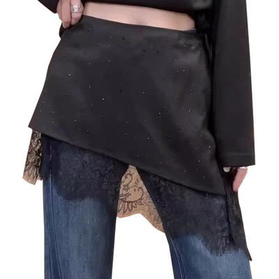 Rhinestone Lace Hem Skirt Extender, Irregular Wrap Waist Apron for Jeans