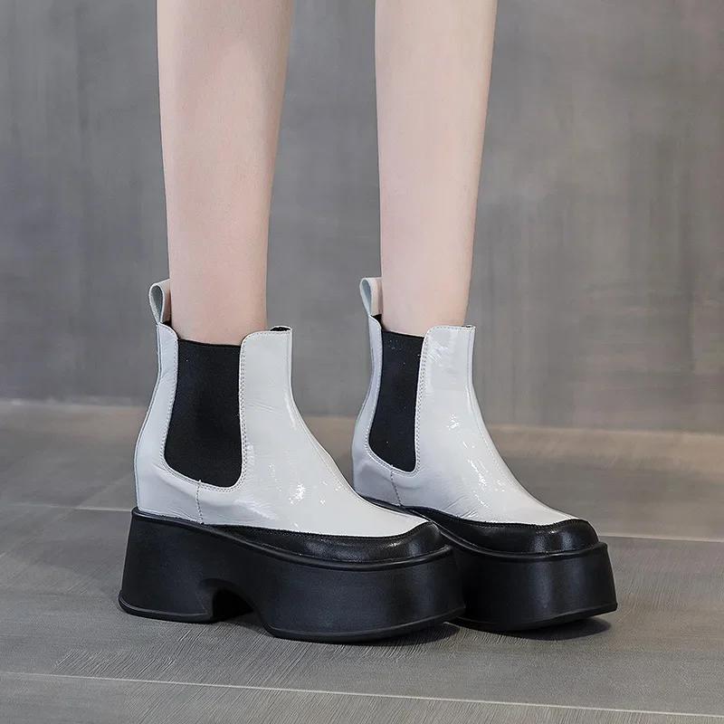 Fashion 11cm Rotro Genuine Leather Women Mid Calf Motorcycle Boots Platform Wedeg Lace Up Slip On Spring Autumn Winter Comfy Shoes