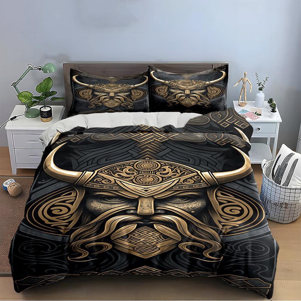 Viking Warrior Design Black Gold Bedding Set Bedding Set (1 Duvet Cover, 2 Pillowcases, Duvet Not Included)