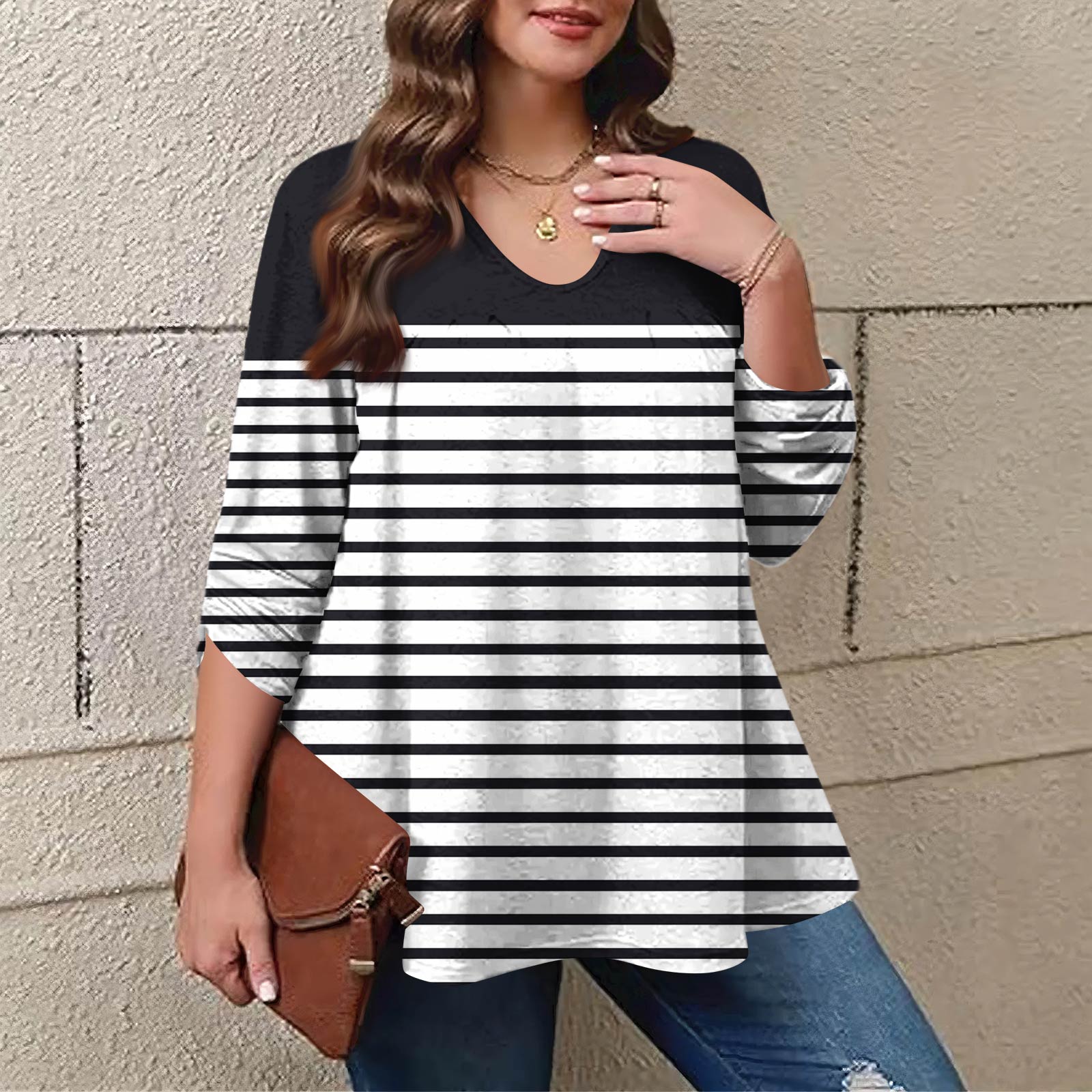 

Женский модный топ большого размера с принтом, повседневный плиссированный, с круглым вырезом и длинными рукавами XXXXL