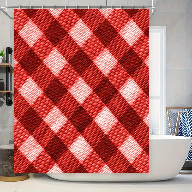 

Red Plaid Shower Curtain Bath Decor: Waterproof Fabric Bathroom Liner With Rings (59X70In) W60H190(CM)-1 Pcs