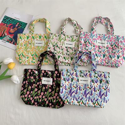 Nová móda Sweet Tulip Floral Tote Bag Velkokapacitní plátěná kabelka Přenosná taška Bento Nákupní taška Studentská školní taška