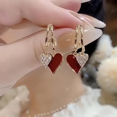 Vintage Hollow Zircon Heart Earrings for Women Rhinestone Gold Color Heart Drop Earring Luxury Wedding Couple Jewelry Gifts