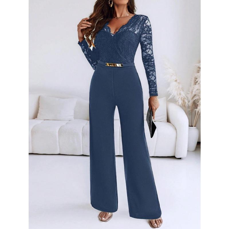 Mode för kvinnor Casual Vår Höst Enfärgade Tryck Långärmade V-ringning Hög Midja Byxor Jumpsuits Jumpsuits