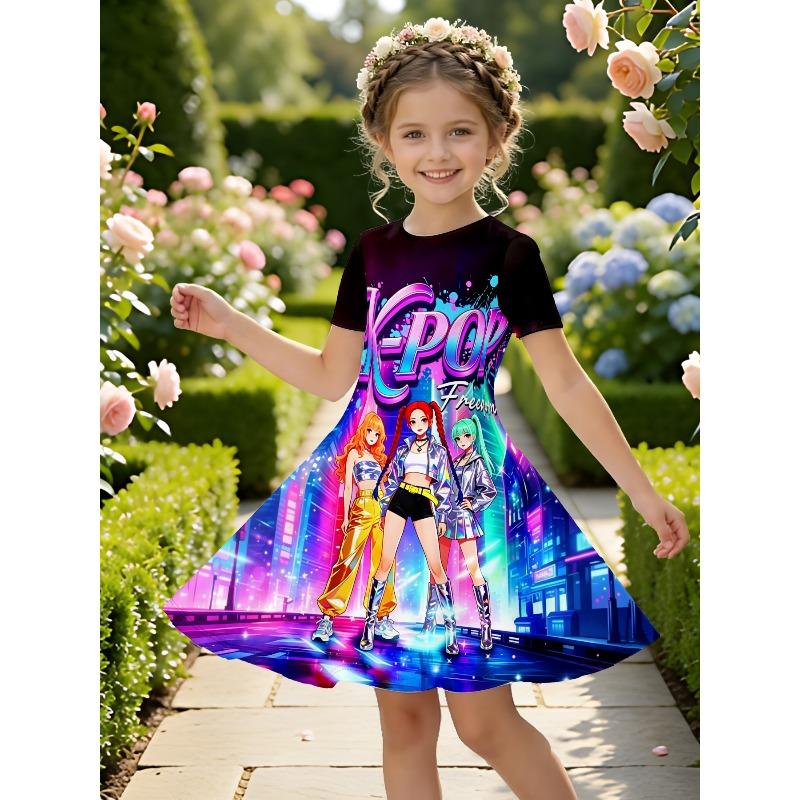 Black Neon Cartoon Printed Girls' Short Sleeved Casual Dress Summer Set Soft and Breathable Suitable for Birthday Gifts
