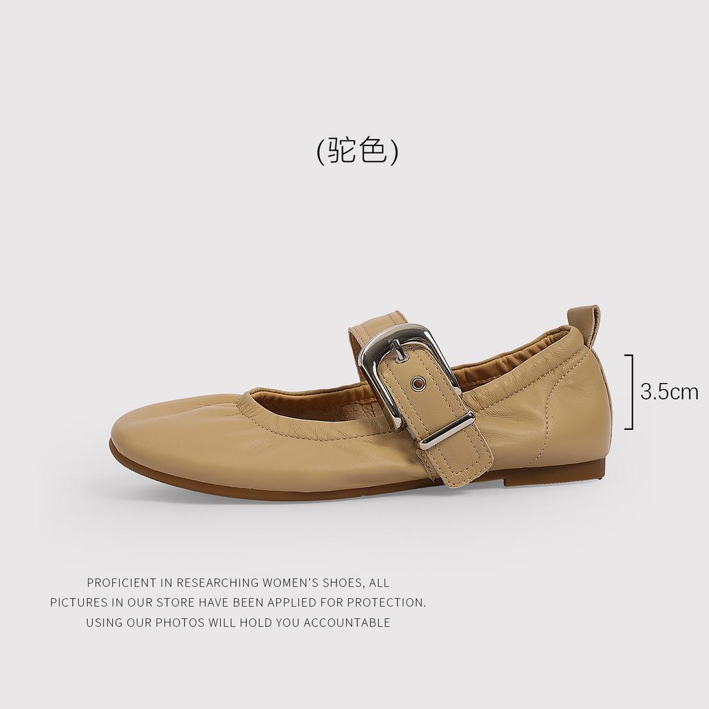 CowhideMetal Square Buckle Ballet Flat Shoes Women'S Skinny Single Shoes Vintage Round Head Mary Jane Shoes