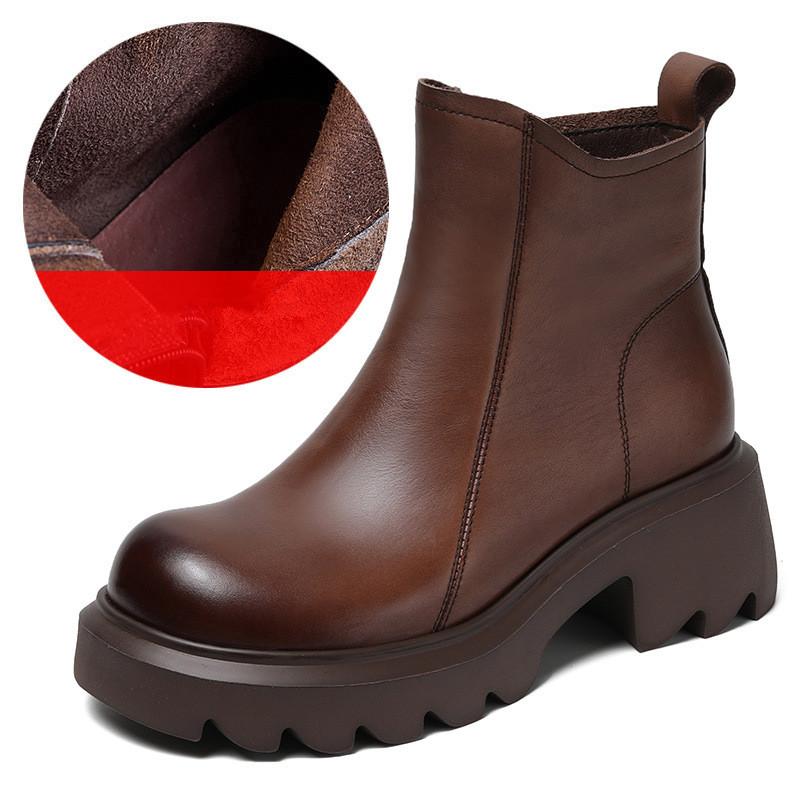 Johnature Thick Soled Genuine Leather Women's Boots British Style Round Toe Thick Heel Short Boots