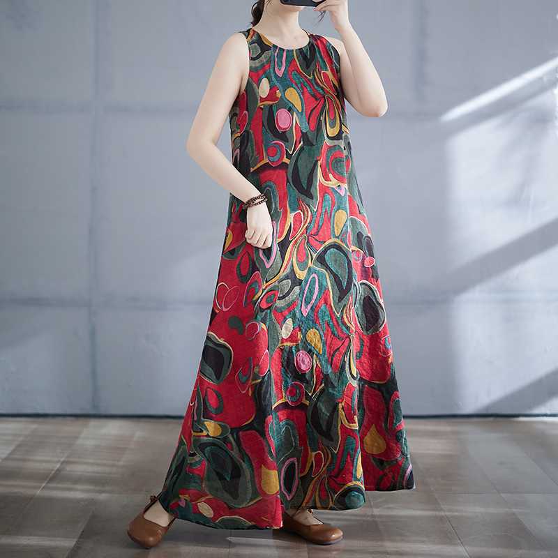 Long Skirt Summer New Sleeveless Round Neck Printed Dress