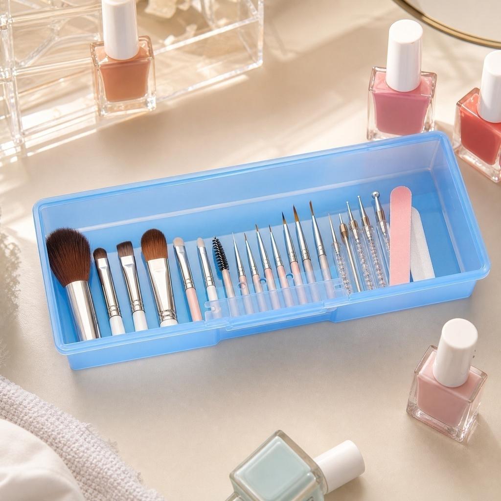 Transparent Storage Box with Holes for Makeup Brushes Nail Art Tools Organizer Portable Compact Design Durable Plastic Container