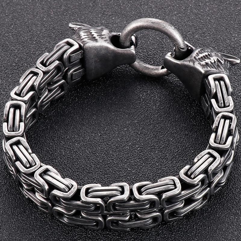 Gothic Punk Wolf Head Man Bracelet For Men Vintage Stainless Steel 14MM Double Chain Men's Wrist Bracelets Male Jewellery Accessories